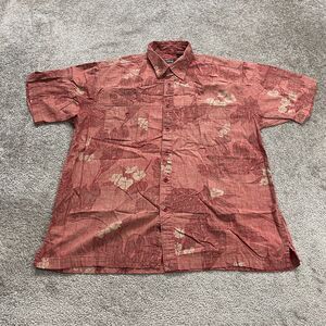 Izod Jeans Hawaiian Shirt Mens Large Red Floral Short Sleeve Button Down Cotton